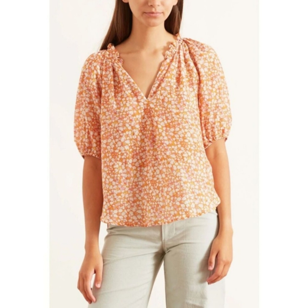 Xirena  Joules Cotton Silk Short Sleeve Floral Blouse Top Marigold Orange Sz S